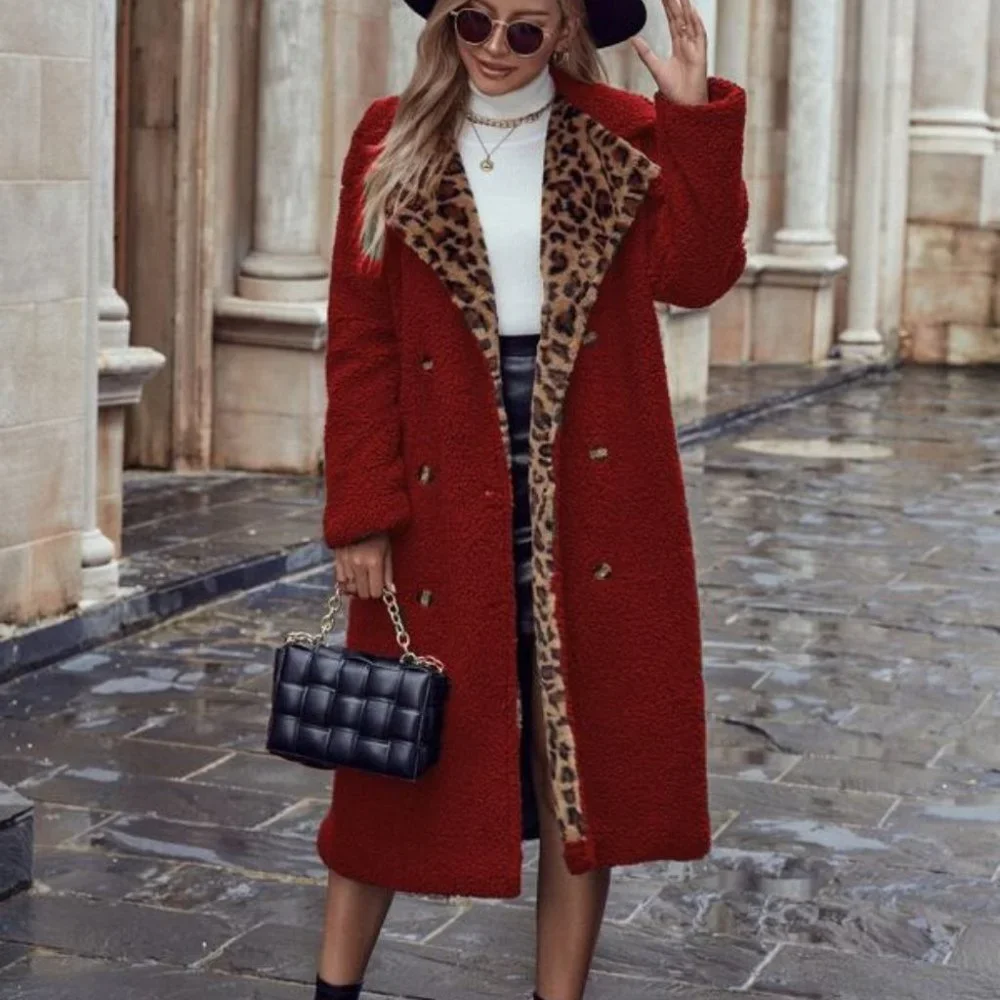 Leopard Panel Double Breasted Teddy Coat - Picture 5 of 6
